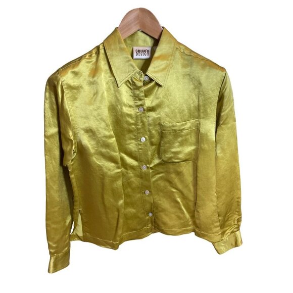 Chicos Designs Bright Green Long Sleeve Silk Blend Button Up Blouse Top Sz S - Picture 1 of 9